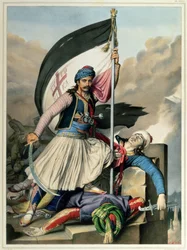 Reise nach Athen und Konstantinopel: Nickolaki Mitropolos nimmt das Kreuzbanner in Salona am Ostersonntag 1821